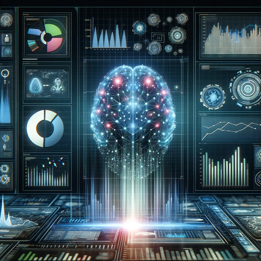 Financial dashboard featuring predictive analytics, graphs, and AI elements, illustrating the advanced capabilities of AI in financial forecasting and analysis.