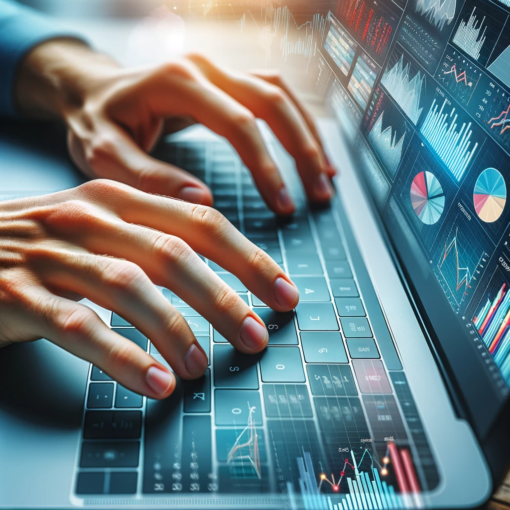 DALL·E 2024-01-08 12.37.53 - A close-up view of hands typing on a laptop keyboard, with the laptop screen displaying colorful charts and financial data. The focus is on the hands